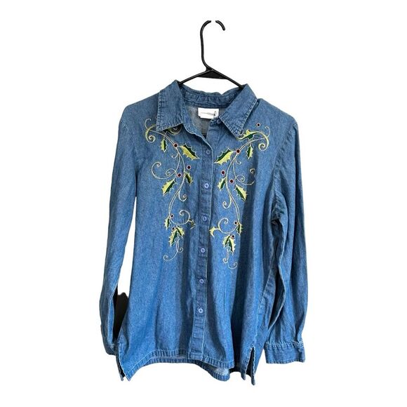 Blair holiday Christmas button down chambray shirt size medium - Picture 2 of 5